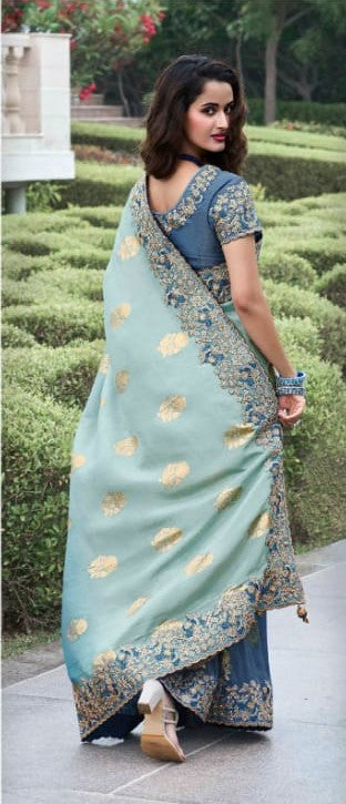 Regal Dark Sea Green Tissue Silk Saree | Intricate Zari Work & Sequins