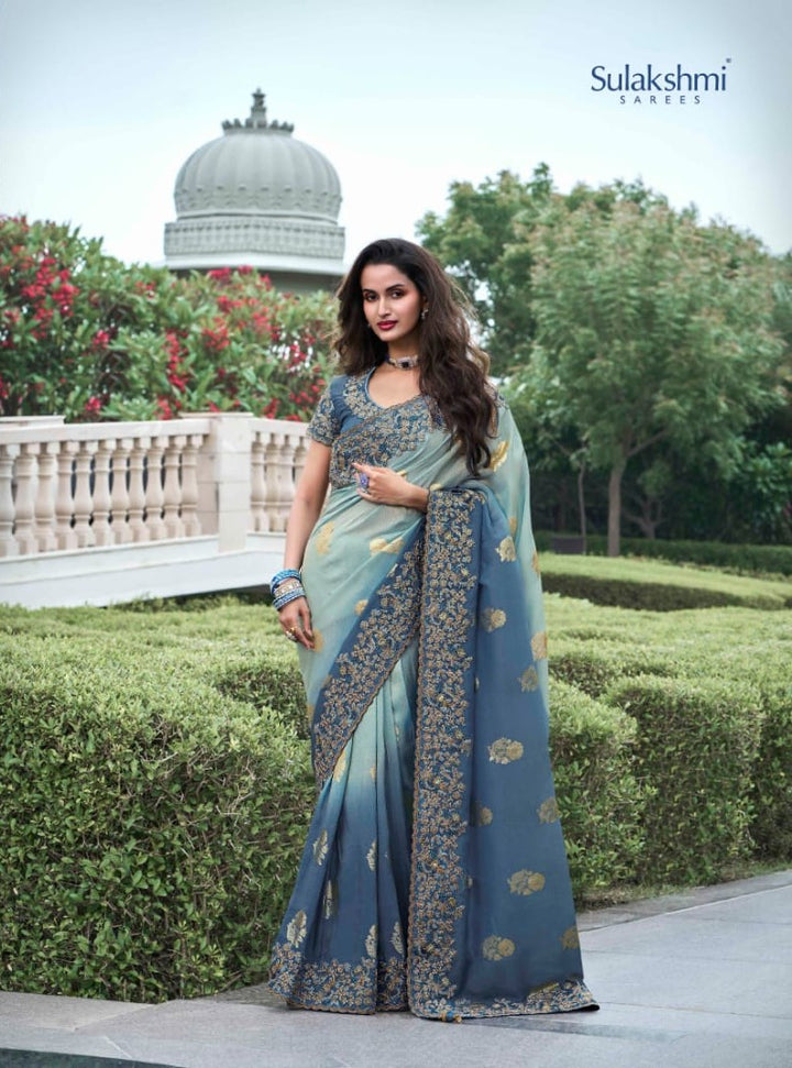 Regal Dark Sea Green Tissue Silk Saree | Intricate Zari Work & Sequins