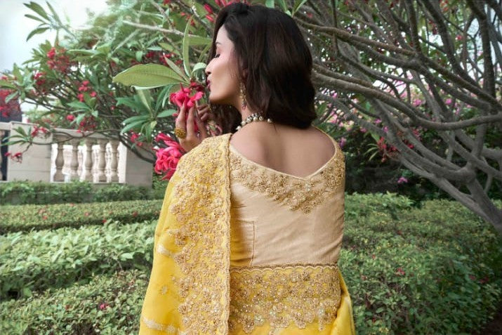 Radiant Yellow Tissue Silk Saree | Zari & Mirror Detailing for Celebrations