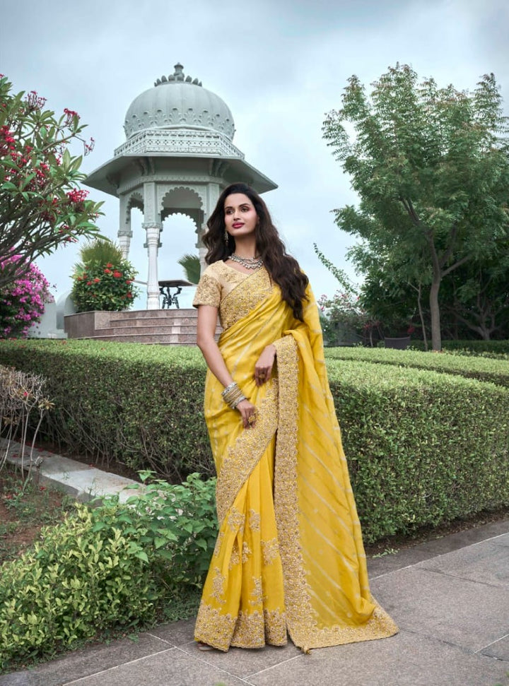 Radiant Yellow Tissue Silk Saree | Zari & Mirror Detailing for Celebrations