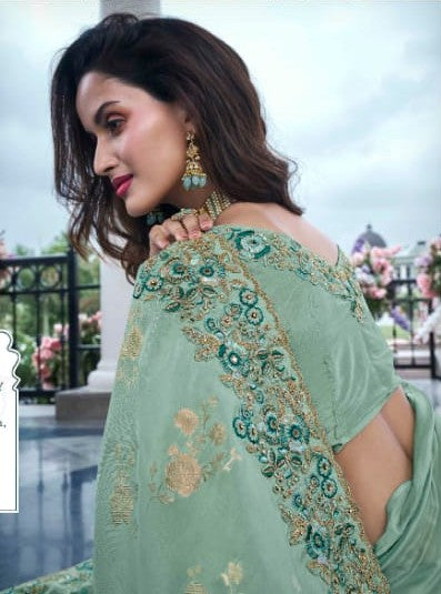 Sophisticated Sea Green Tissue Silk Saree | Zari & Mirror Work for Special Occasions