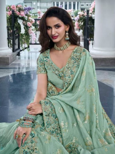 Sophisticated Sea Green Tissue Silk Saree | Zari & Mirror Work for Special Occasions