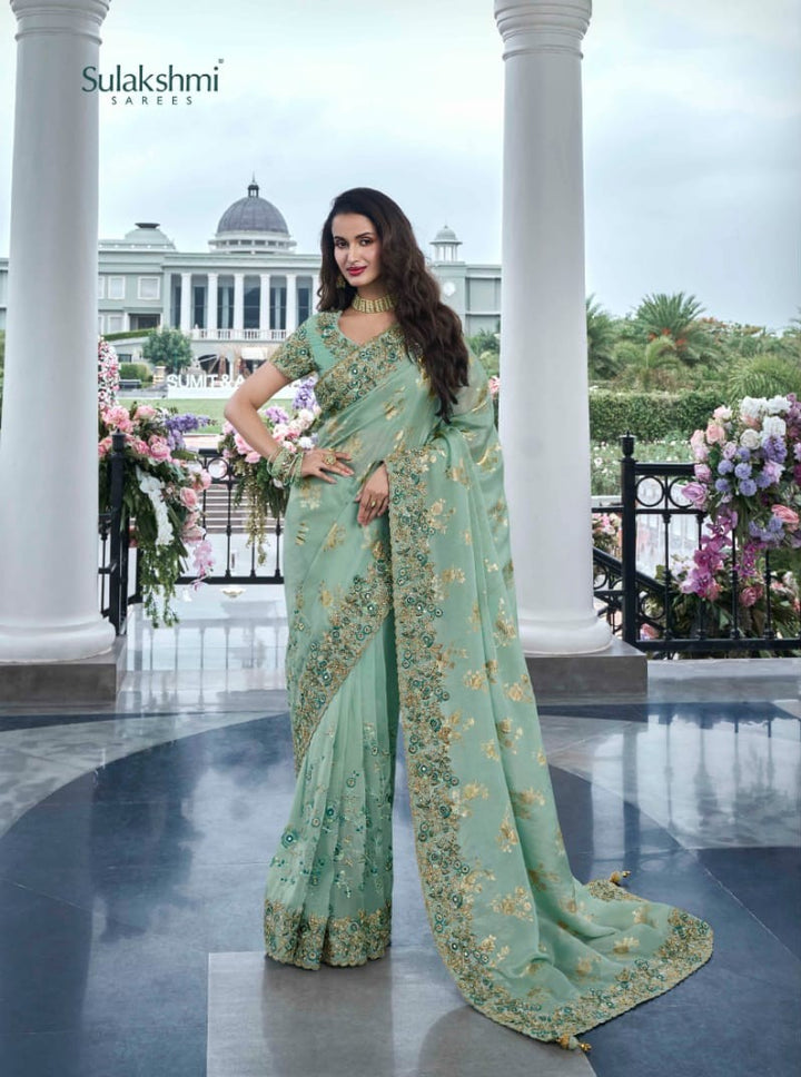 Sophisticated Sea Green Tissue Silk Saree | Zari & Mirror Work for Special Occasions