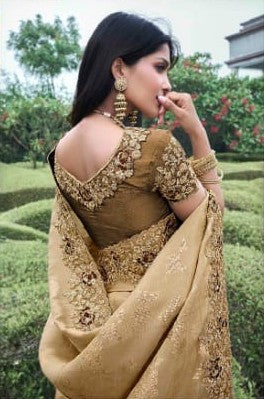 Exquisite Light Gold Tissue Silk Saree | Zari & Mirror Work for Weddings