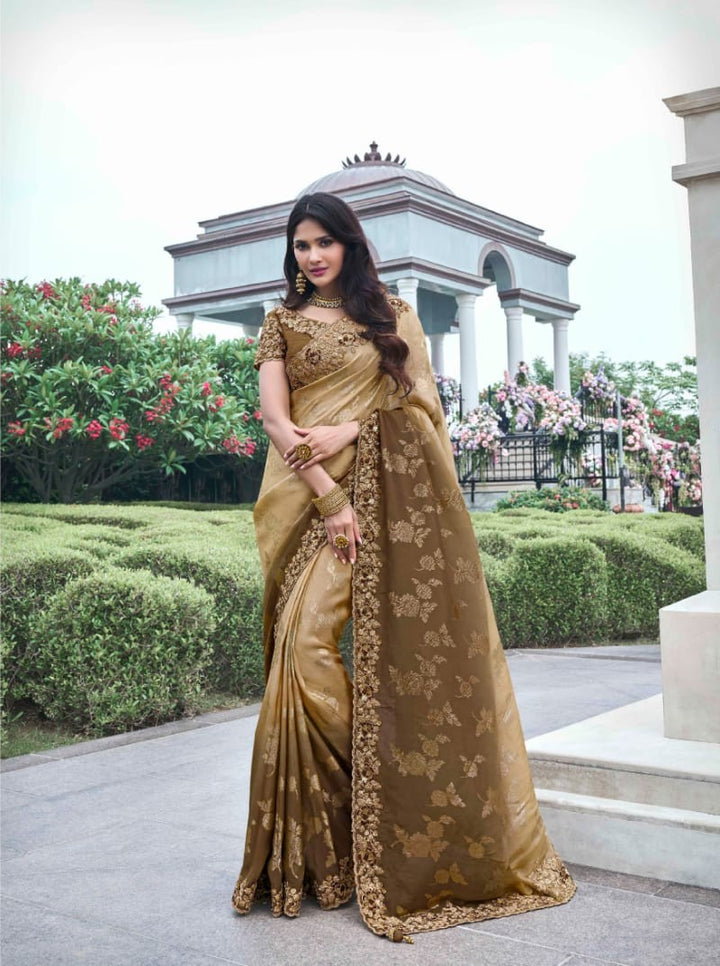 Exquisite Light Gold Tissue Silk Saree | Zari & Mirror Work for Weddings