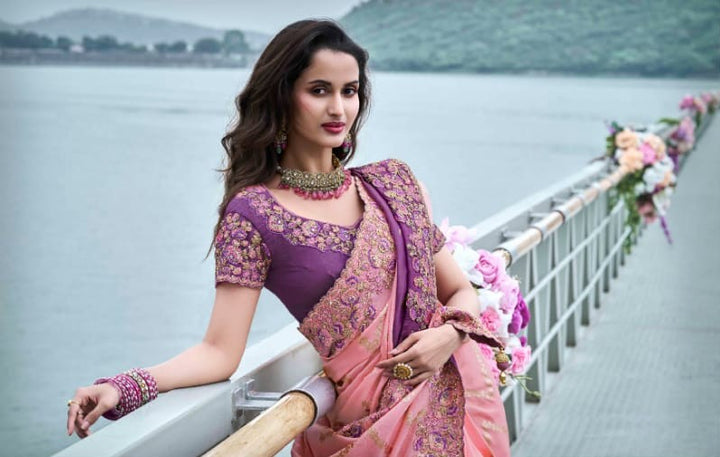 Delicate Dusty Pink Tissue Silk Saree | Zari Work & Dori Embroidery for Weddings