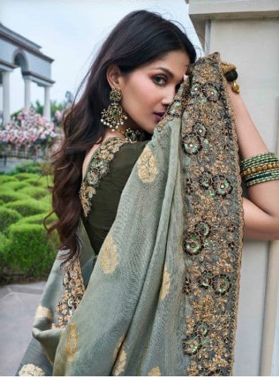 Stunning gray Tissue Silk Saree | Zari & Sequins for Elegant Occasions