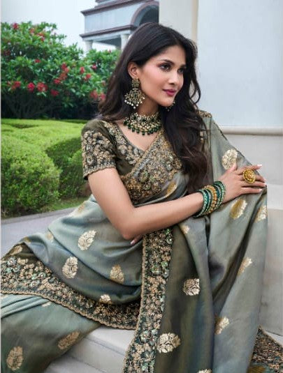 Stunning gray Tissue Silk Saree | Zari & Sequins for Elegant Occasions