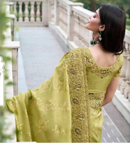 Luxurious Olive Tissue Silk Saree | Zari Work & Stone Embellishments