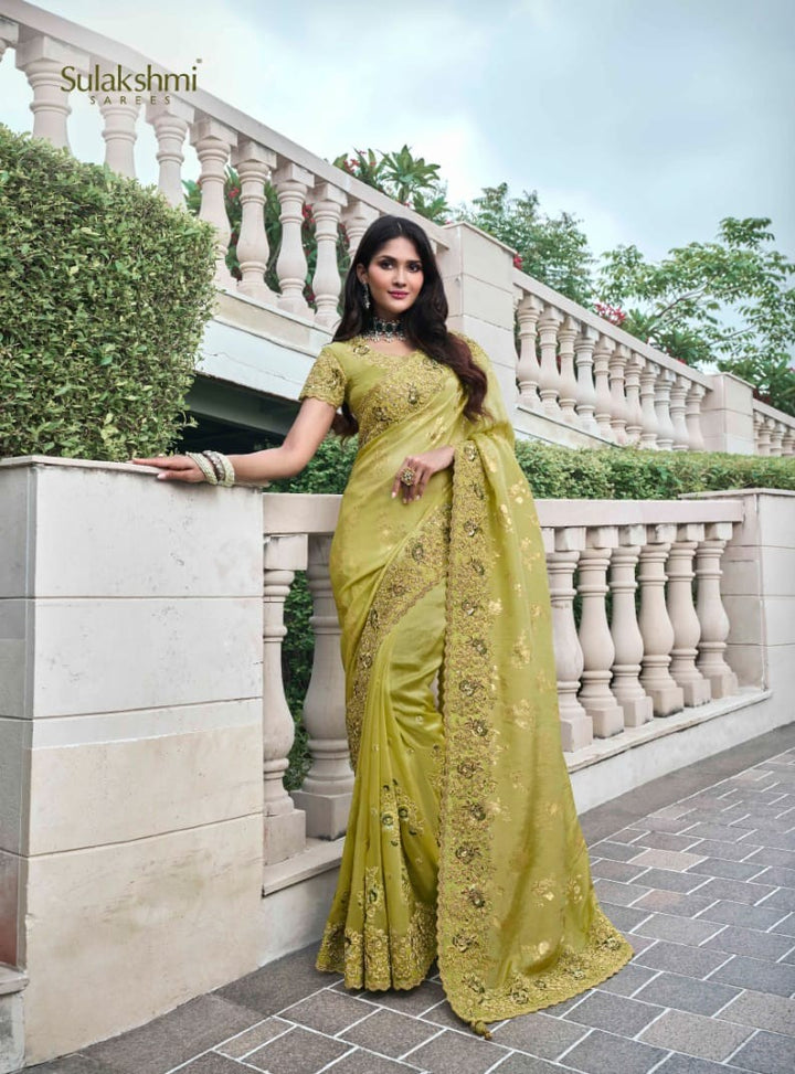 Luxurious Olive Tissue Silk Saree | Zari Work & Stone Embellishments