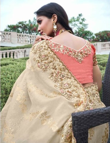 Timeless Beige Tissue Silk Saree | Zari & Sequins for Weddings & Special Events