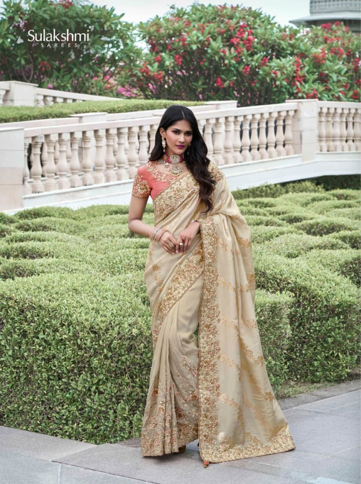 Timeless Beige Tissue Silk Saree | Zari & Sequins for Weddings & Special Events