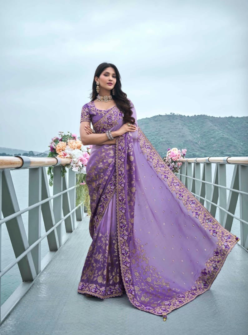 Captivating Lavender Tissue Silk Saree | Zari Work & Mirror Detailing for Elegance