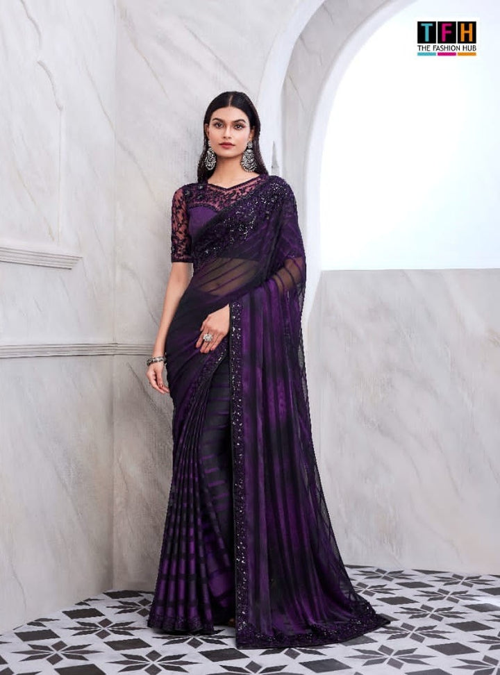 Violet Jamun Pattern Silk Saree | Traditional Indian Sari with Golden Shimmer