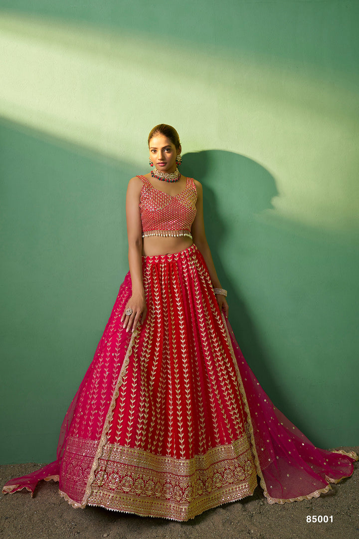 Red Georgette Lehenga | Bridal Indian Choli Set with Net Dupatta