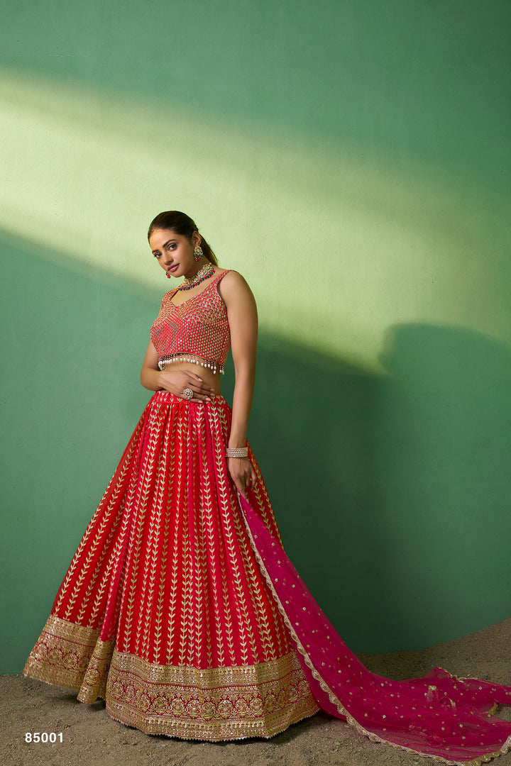 Red Georgette Lehenga | Bridal Indian Choli Set with Net Dupatta