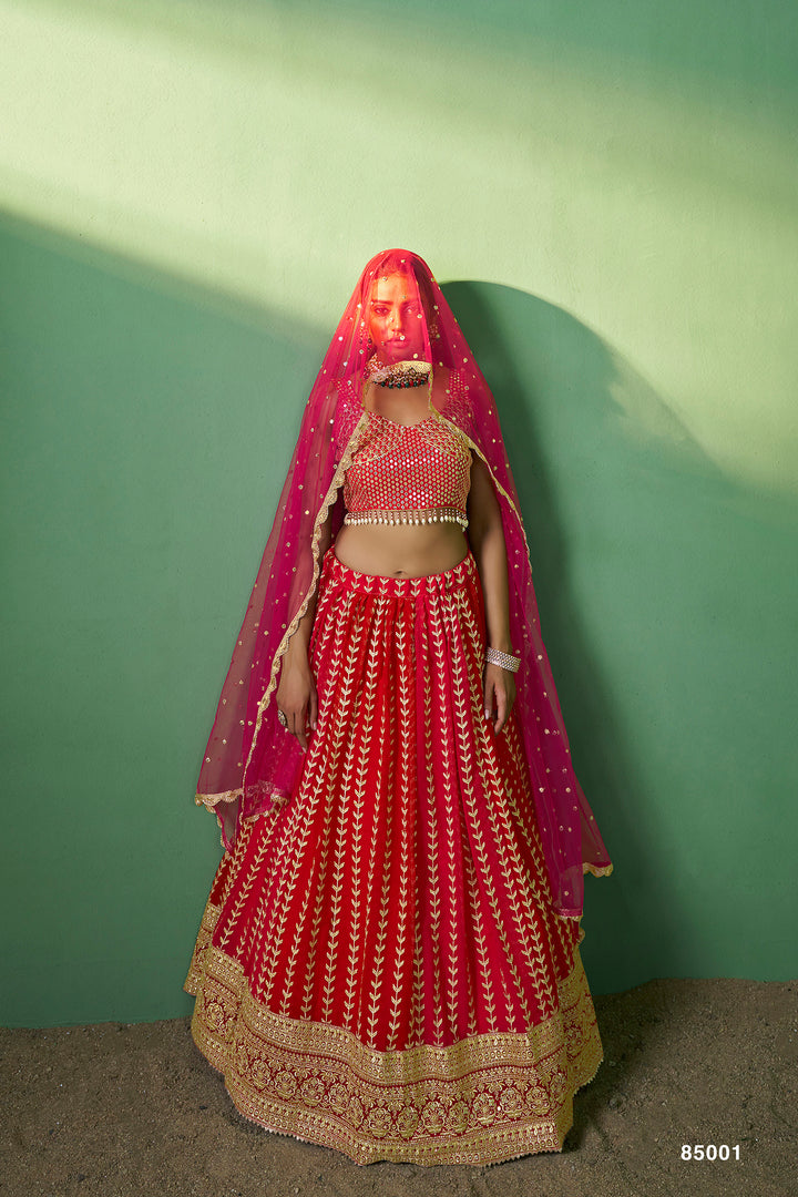 Red Georgette Lehenga | Bridal Indian Choli Set with Net Dupatta