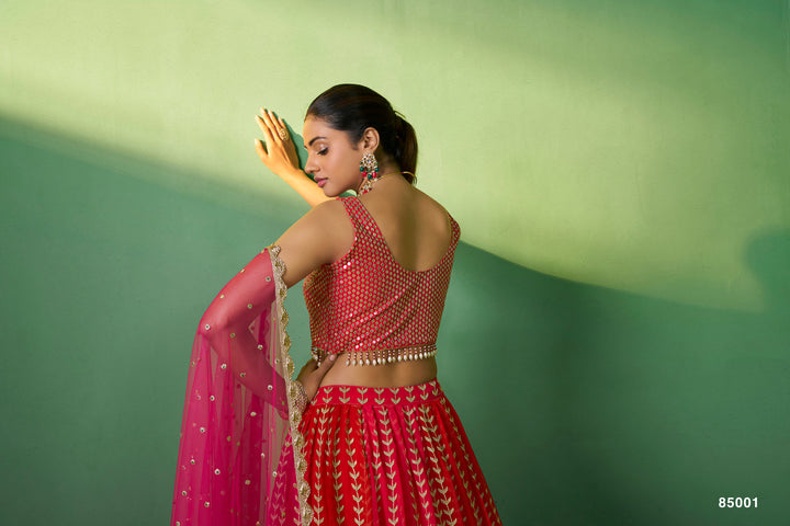 Red Georgette Lehenga | Bridal Indian Choli Set with Net Dupatta