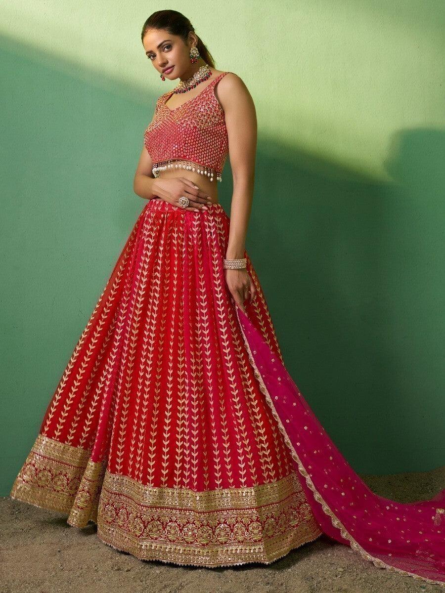 Radiant Red Lehenga Choli Set with Sequins | Wedding Special Occasion