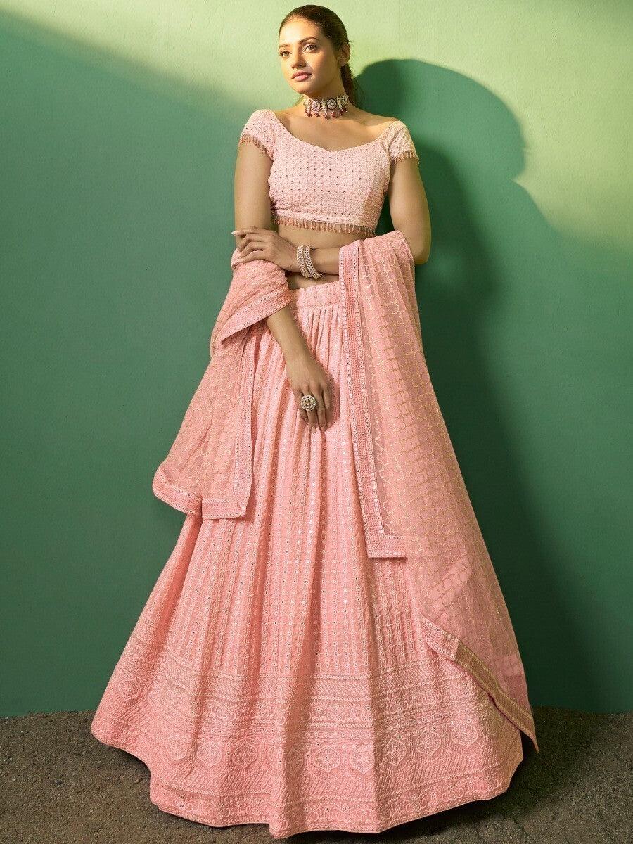 Awesome Peach Embroidered Georgette |Engagement Wear Lehenga Choli