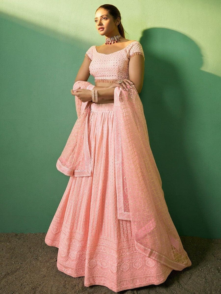 Awesome Peach Embroidered Georgette |Engagement Wear Lehenga Choli