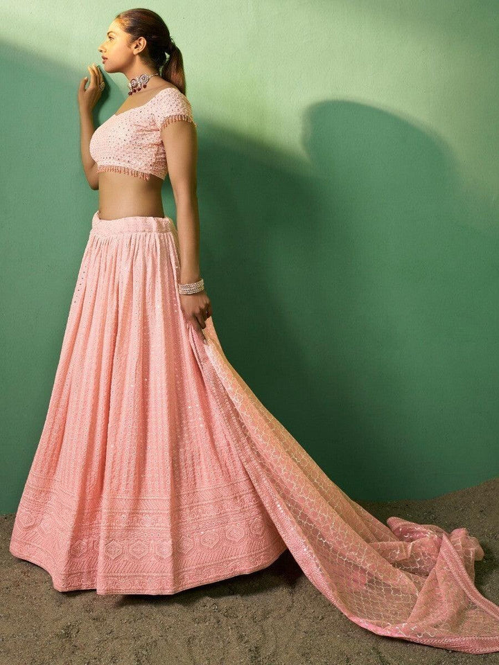 Awesome Peach Embroidered Georgette |Engagement Wear Lehenga Choli