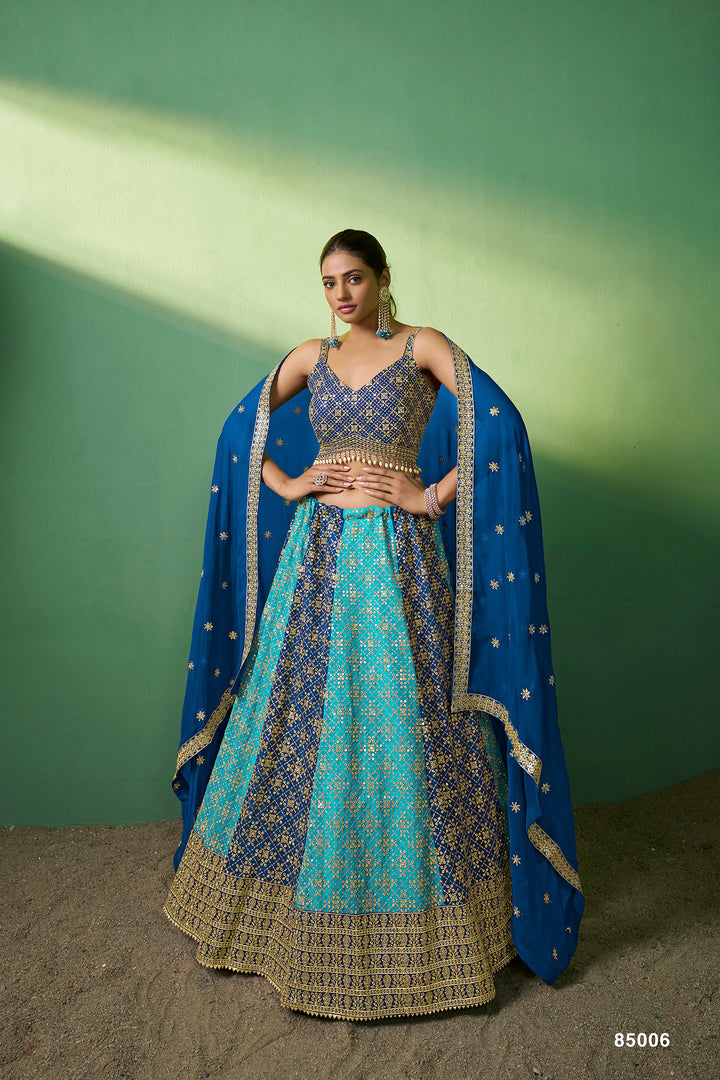 Blue Georgette Lehenga Choli Set | Embroidered Party Wear Lehenga