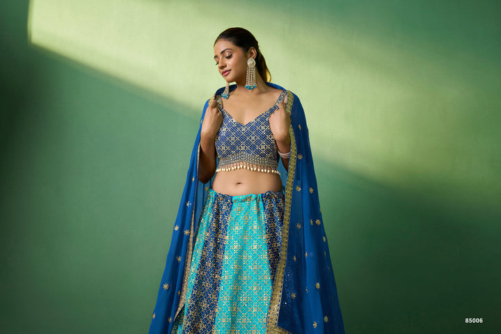 Blue Georgette Lehenga Choli Set | Embroidered Party Wear Lehenga