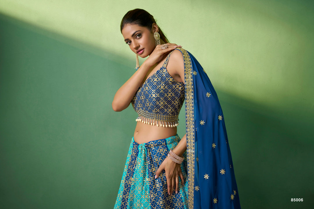 Blue Georgette Lehenga Choli Set | Embroidered Party Wear Lehenga