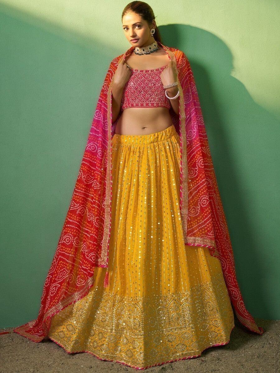 Sequins & Zari Mustard Yellow Lehenga Choli | Designer Wedding Wear