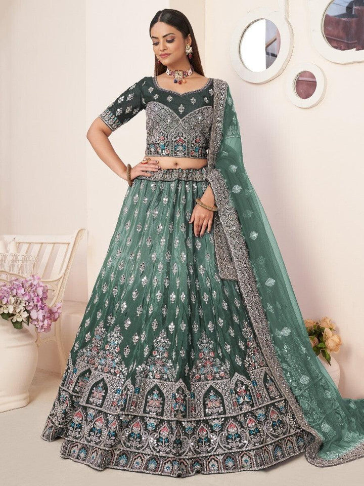 Vibrant Green Satin Lehenga Choli | Thread & Dori Work Bridal Ensemble