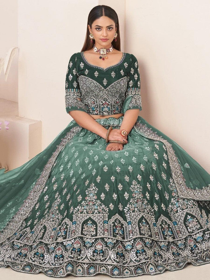 Vibrant Green Satin Lehenga Choli | Thread & Dori Work Bridal Ensemble