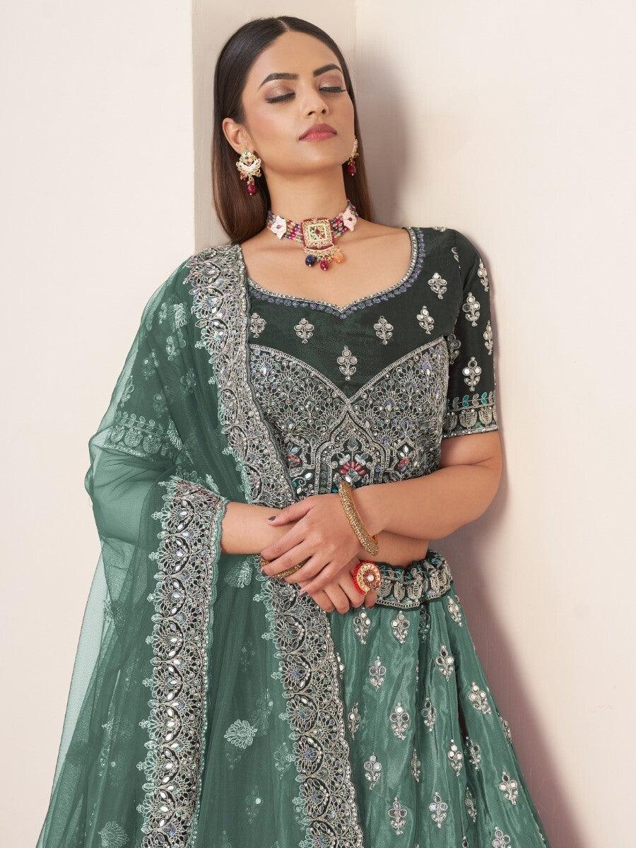 Vibrant Green Satin Lehenga Choli | Thread & Dori Work Bridal Ensemble