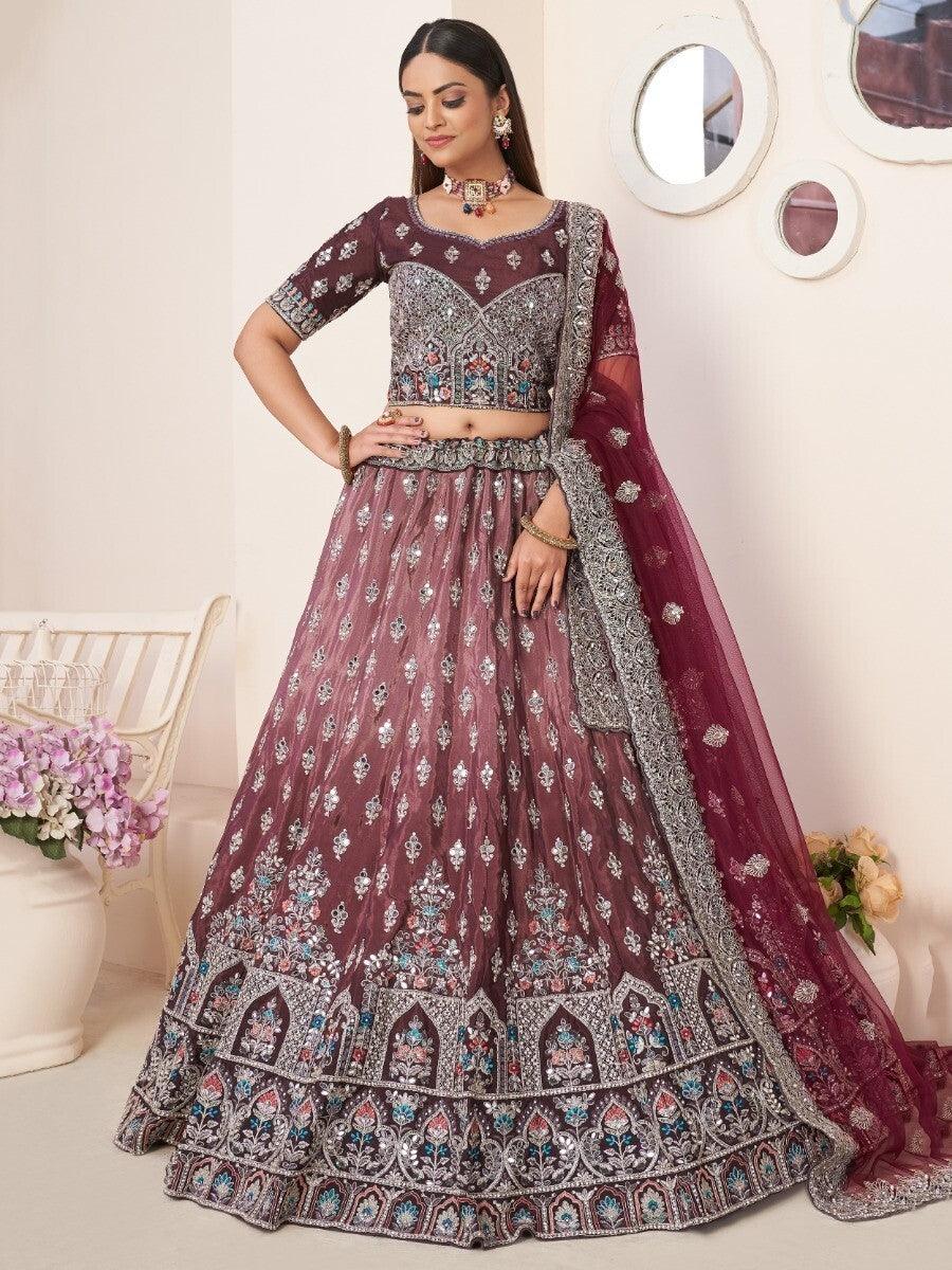 Maroon Threadwork Satin Lehenga Choli | Wedding & Engagement Wear