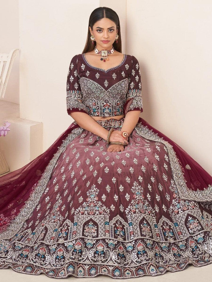 Maroon Threadwork Satin Lehenga Choli | Wedding & Engagement Wear