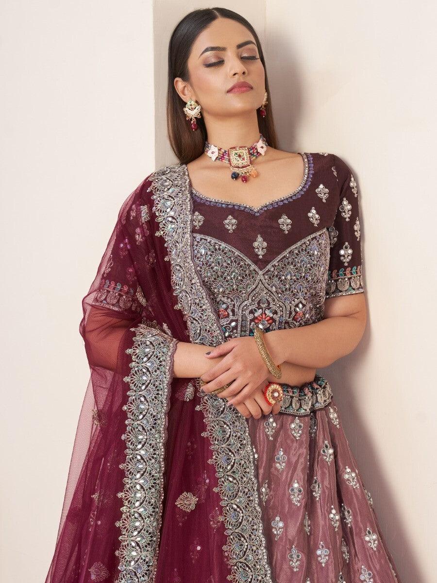 Maroon Threadwork Satin Lehenga Choli | Wedding & Engagement Wear