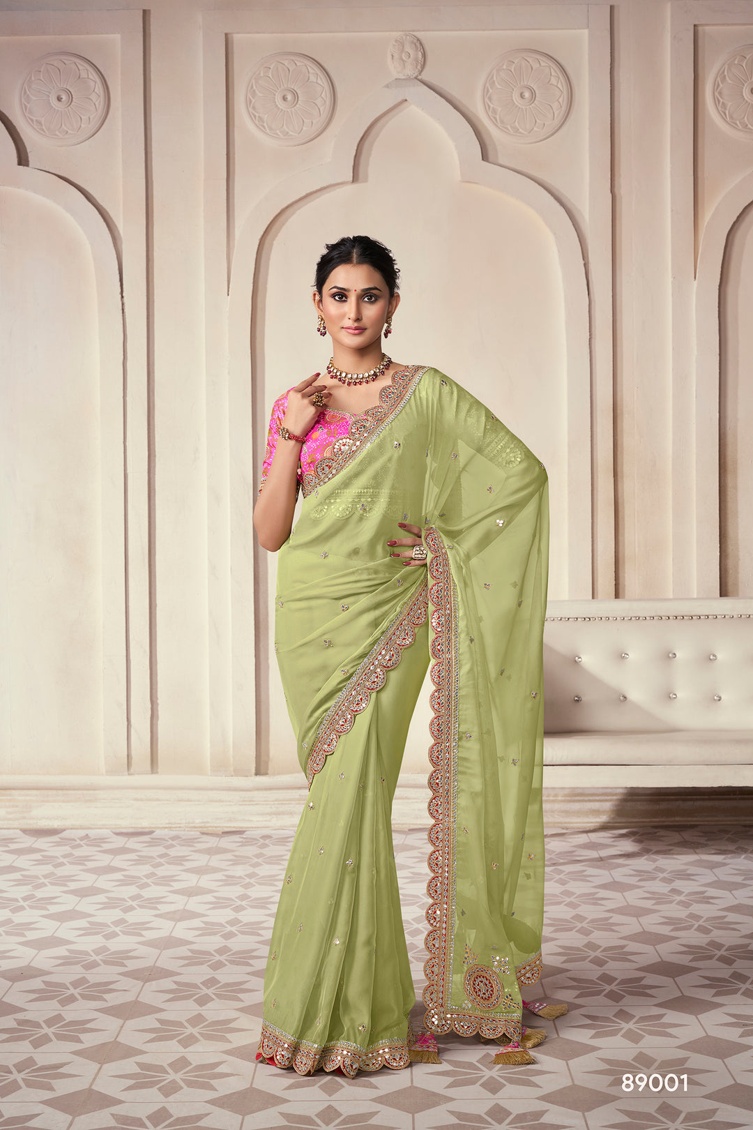 Light Green Organza Saree | Scalloped Saree for Weddings & Parties