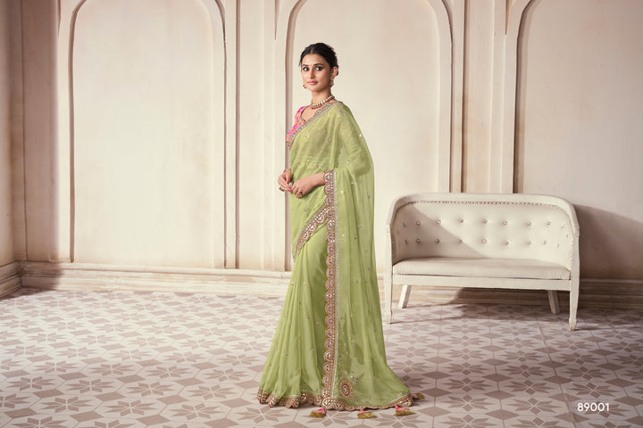 Light Green Organza Saree | Scalloped Saree for Weddings & Parties