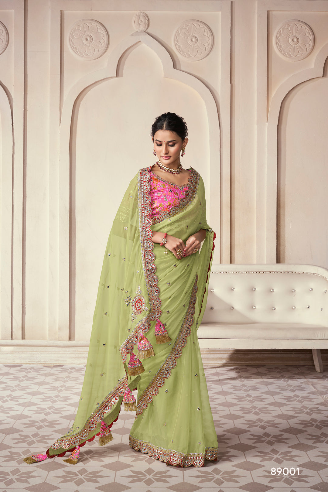 Light Green Organza Saree | Scalloped Saree for Weddings & Parties