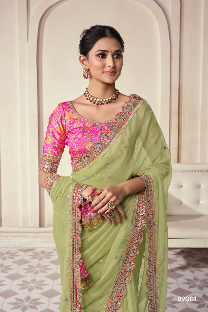 Light Green Organza Saree | Scalloped Saree for Weddings & Parties