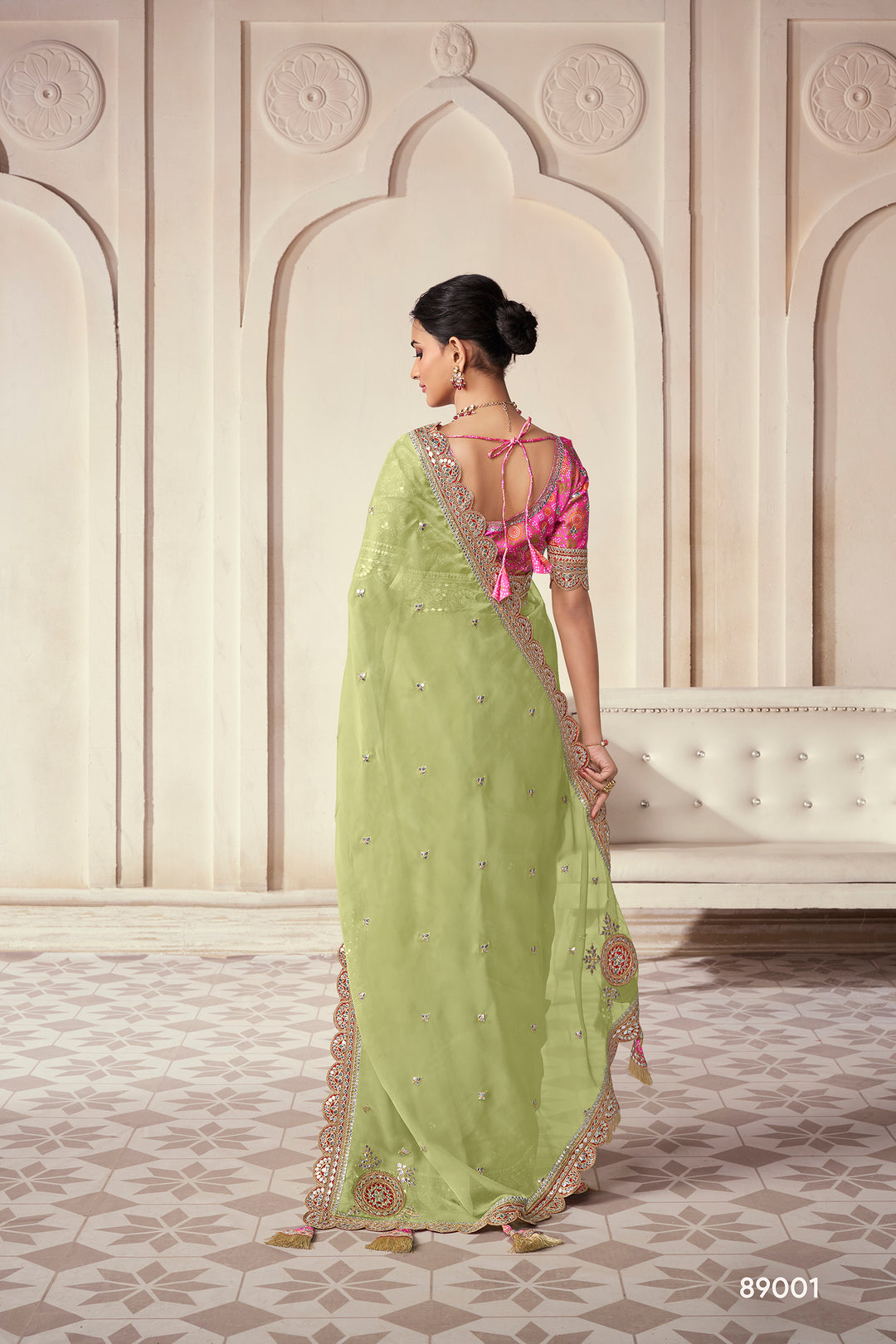 Light Green Organza Saree | Scalloped Saree for Weddings & Parties