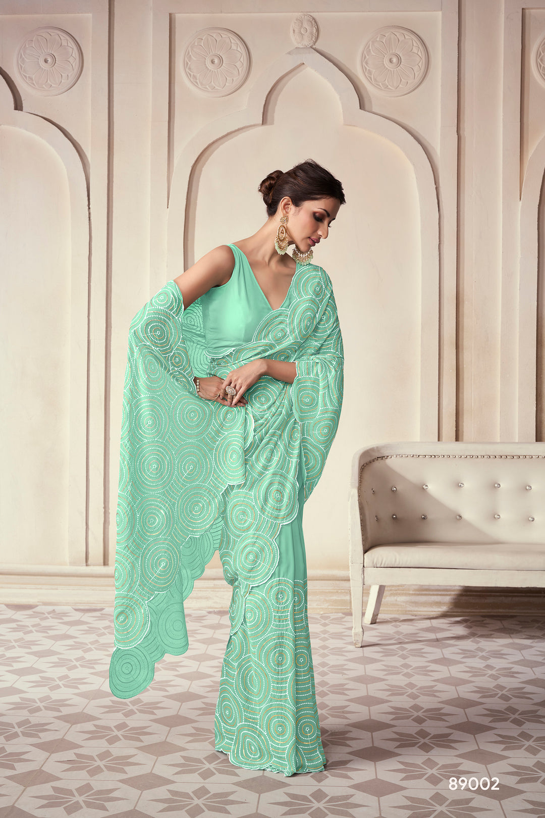 Sea Green Georgette Saree | Contrast Border and Embroidered Work