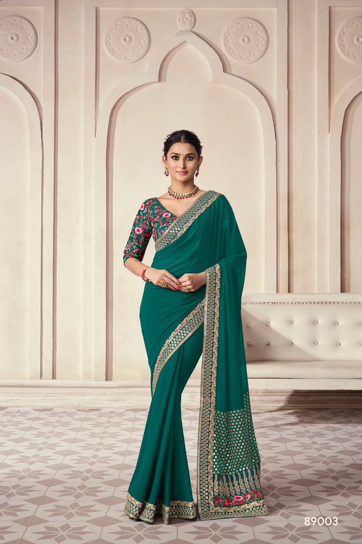 Dark Green Art Silk Saree | Organza with Zari and Sequins Work