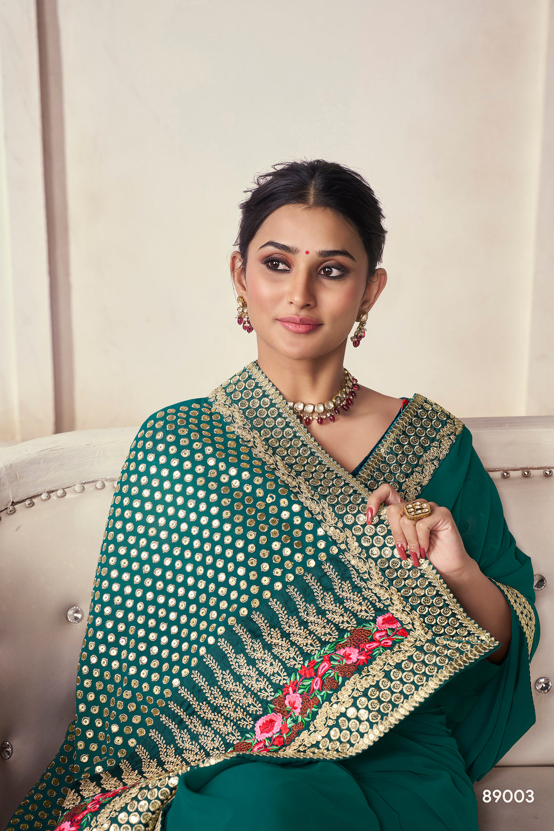 Dark Green Art Silk Saree | Organza with Zari and Sequins Work