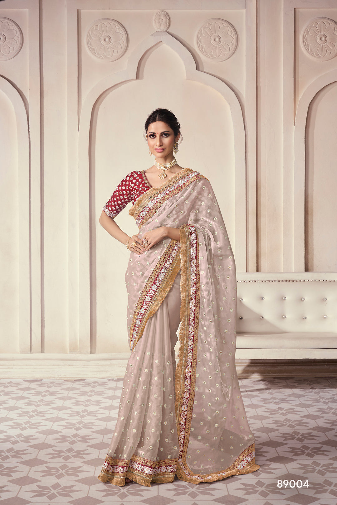 Beige Embroidered Organza Saree | Contrast Border with Zari Work