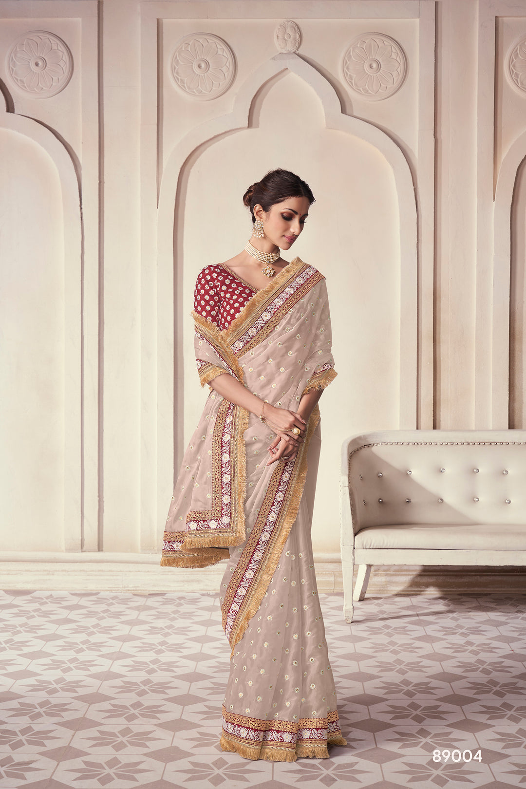 Beige Embroidered Organza Saree | Contrast Border with Zari Work