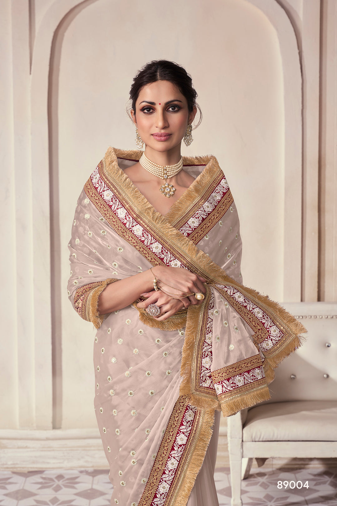 Beige Embroidered Organza Saree | Contrast Border with Zari Work