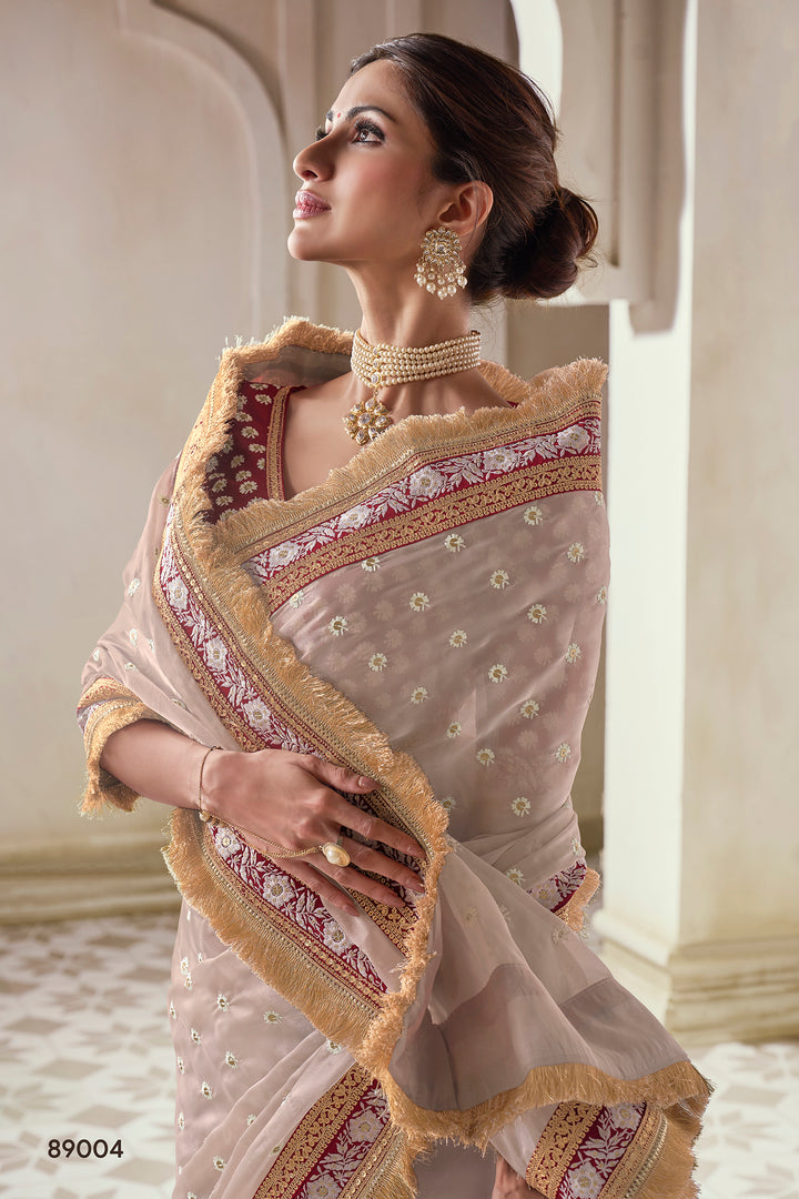 Beige Embroidered Organza Saree | Contrast Border with Zari Work