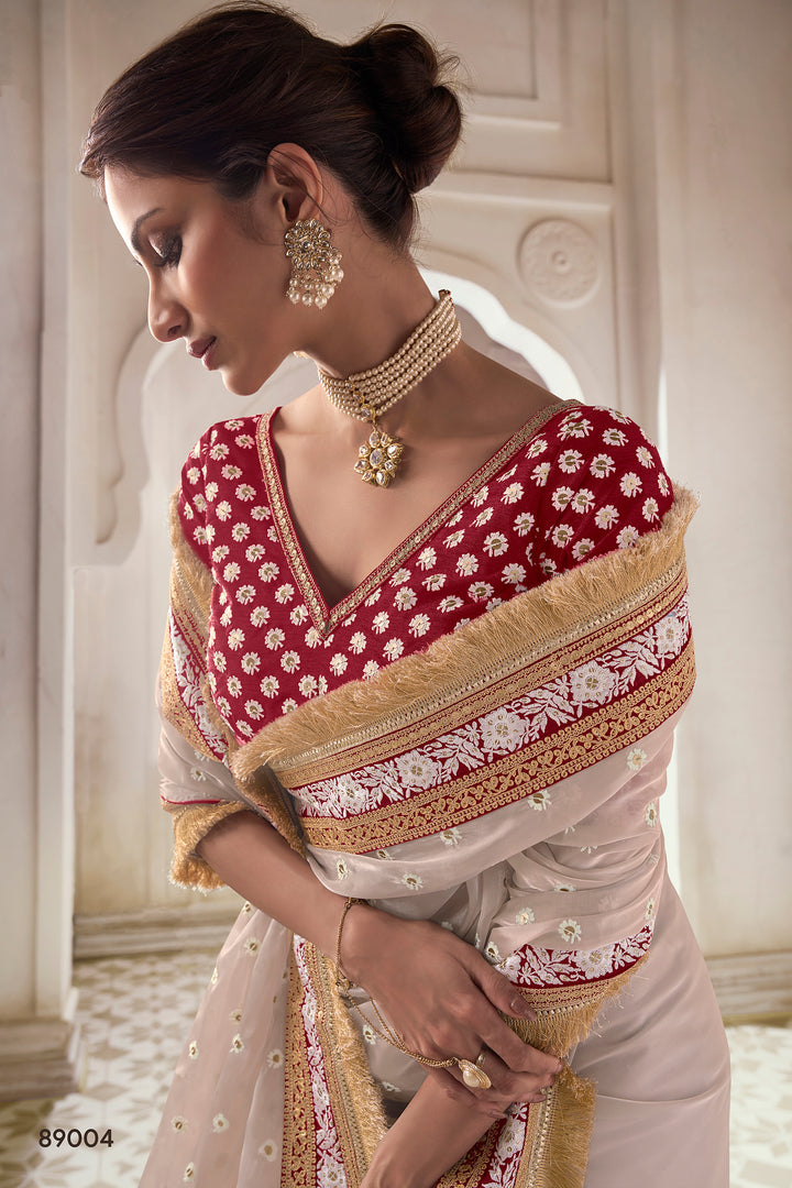 Beige Embroidered Organza Saree | Contrast Border with Zari Work