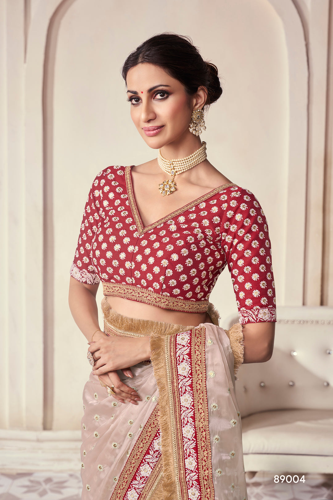 Beige Embroidered Organza Saree | Contrast Border with Zari Work